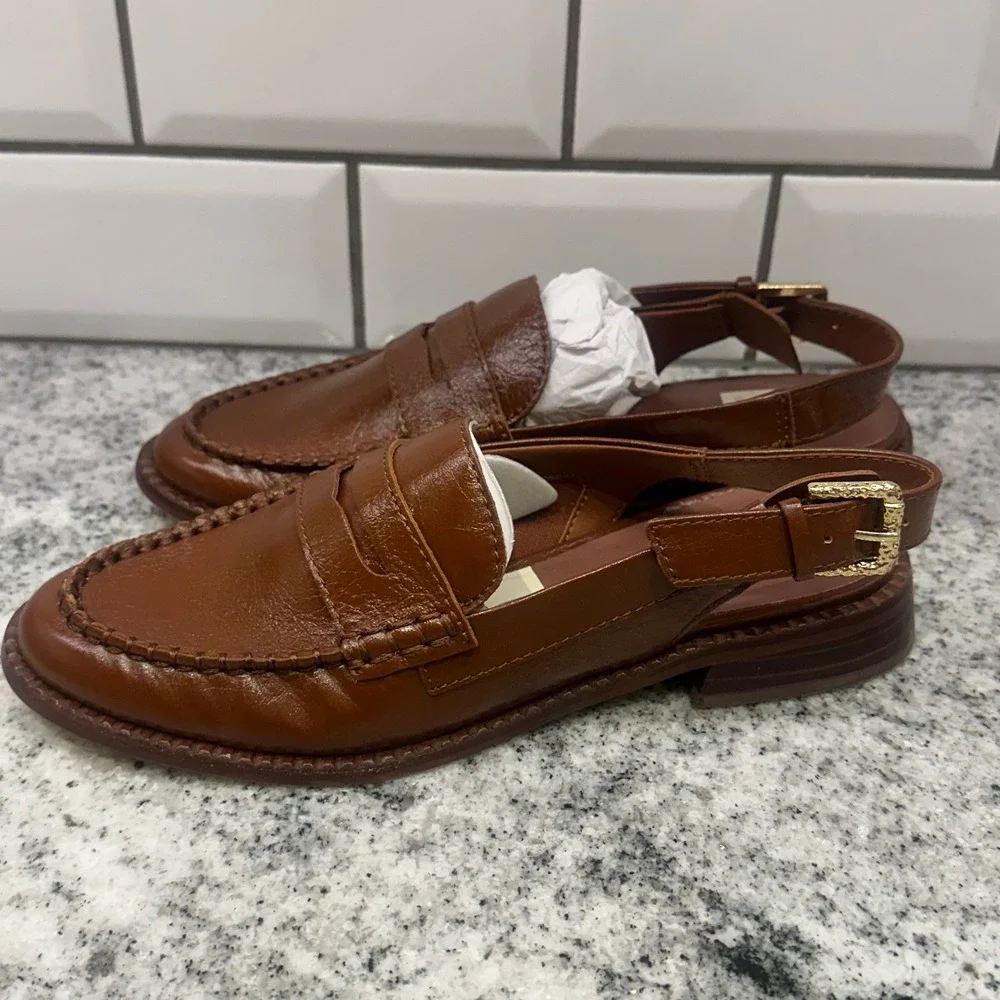 Dolce Vita Womens 6 Slingback Loafers Cognac Leather Buckle Preppy Dark Academia